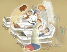 an illustration of a hospital bed with people in it and angels around the bed,