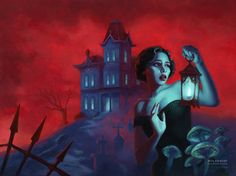 a painting of a woman holding a lantern in front of a house with red lights