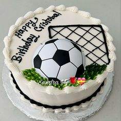 a birthday cake with a soccer ball and net on it