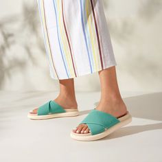 Slip-On Footbed Sandals (Izzy), Turquoise, EU36.5 | VIVAIA Casual Slide Footbed Sandals With Ortholite Insole, Casual Footbed Sandals With Ortholite Insole For Vacation, Comfortable Slide Footbed Sandals With Textured Sole, Green Sandals With Ortholite Insole, Casual Footbed Sandals With Ortholite Insole For The Beach, Casual Flat Heel Slippers With Ortholite Insole, Comfortable Slip-on Sandals With Textured Footbed, Casual Synthetic Footbed Sandals With Textured Footbed, Comfortable Flat Slides With Textured Footbed