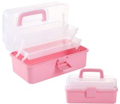 two pink plastic storage boxes with handles