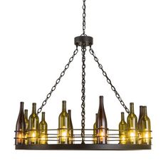 a chandelier with wine bottles hanging from it's sides and lights on the bottom