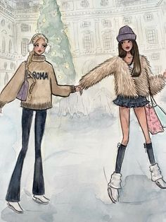 two girls in winter clothes are holding hands