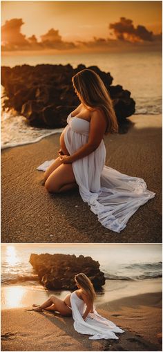 two photos of a pregnant woman sitting on the beach at sunset, one is wearing a white dress