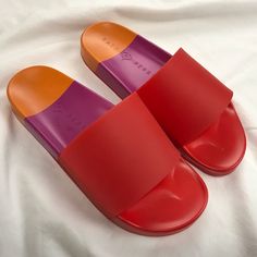 Condition: New Brand: Katy Perry Style: The Fifi Slip On Slide Size: Us Women's 7 (Fits True To Size) Color: Red, Orange, Purple Material: Flexible Pvc Upper. Manmade Sole. Msrp: $60 Approximate Measurements: Length (Insole): " Width (At Widest Part Of Outsole): " Heel Height: 1" Katy Perry Dress, Peach Jelly, Black Stiletto Heels, Ankle Strap Sandals Heels, T Strap Heels, Black Stilettos, Bow Sandals, Platform Stilettos, Nude Pumps