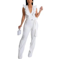 PRICES MAY VARY. Material:95%Polyester+5%Spandex,Crafted from 95% Polyester and 5% Spandex, our Summer One Piece Jumpsuit is made of high-quality, breathable fabric to keep you comfortable on the warmest days. The blend of lightweight materials ensures a soft touch on your skin while providing excellent durability for long-lasting wear Feature:Our women's solid color sleeveless jumpsuit features ruffles at front and back,deep V-neck,back zipper,and an adjustable waist belt.The high-waisted wide- Cheap White Jumpsuits And Rompers For Brunch, Cheap White Jumpsuits And Rompers With Pockets, Cheap Trendy White Jumpsuits And Rompers, Cheap White Floral Jumpsuits And Rompers, Bridal Shower Guess Ourtfit, Cheap Stretch White Jumpsuits And Rompers, Cheap White Jumpsuits And Rompers For Night Out, White Brunch Outfit Classy, All White Christmas Party Outfit