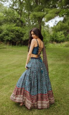 Cute Chaniya Choli, Lehenga Stitching, Chanya Choli Ideas, Ajrakh Chaniya Choli, Bohemian Lehenga With Motifs For Navratri, Traditional Prints, Traditional Lehenga With Motifs For Navratri, Traditional Outfit, Printed Chaniya Choli