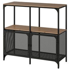 a black metal and wood shelf unit with two baskets on each side, against a white background