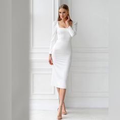 Brand New, Never Been Worn. Size Medium, Made Of Satin. Elegant Long Sleeve Bodycon Dress For Banquet, Elegant Bodycon Evening Dress For Wedding, Fitted Long Sleeve Bodycon Dress For Wedding, Fitted Long Sleeve Midi Dress For Banquet, Chic Long Sleeve Bodycon Wedding Dress, Fitted Dress For Dinner, Chic Midi Bodycon Dress For Banquet, Fitted Midi Length Bodycon Dress For Banquet, Chic Midi-length Bodycon Dress For Banquet