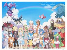 an anime scene with many different characters in front of a blue sky and rainbow colored clouds