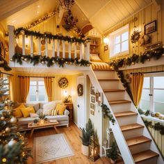 a living room filled with furniture and christmas decorations on the stairs in front of a window