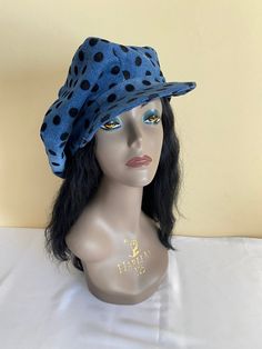 "This is an oversized newsboy style hat, made of designer repurposed denim.  The hat has six oversized panels in blue with black velvet polka dots.   It is generously full-bodied and can be worn close to the brow, higher on the head, cocked to the side or even backwards. This style hat will fit someone with a large to extra large size head or big hairdo, and is made to size.  I would be happy to make one for you in your size.  Remember, your hat will take 10-15 days to be made, so be sure to add this time to your expected delivery time. - Handmade - Repurposed denim  - Black satiny lining - Six panels:  Medium shades of blue with black velvet polka dots - Made to order   This newsboy hat can be made in a multitude of denim colors and patterns, and as well in many luxe fleece colors and pri Paper Boy Hat, Newsboy Hat Women, Repurposed Denim, Paper Boy, Newsboy Hat, Denim Hat, Love Hat, News Boy Hat, Newsboy Cap