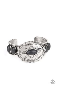 Dotted with an earthy black stone, a floral stamped scalloped silver frame sits atop a black stone studded silver cuff, creating a southwestern inspired buckle atop the wrist. Sold as one individual bracelet. Black Cuff Bracelet, Pink Jewels, Jewelry Watch, Wooden Bracelet, Black Bracelet, Black Bracelets, Stone Studs, Paparazzi Accessories, Chic Jewelry