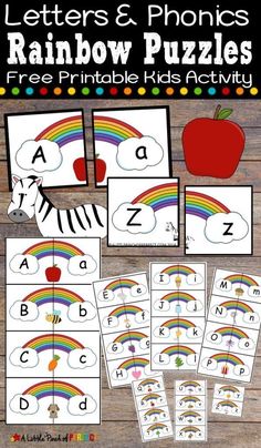 letter and phonics rainbow puzzles for kids to practice their handwriting, number recognition