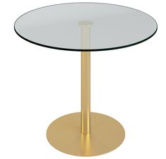 a glass table with a gold base and a round glass top on an isolated white background