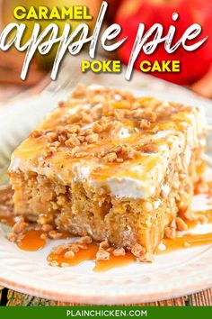 caramel apple pie poke cake on a plate with apples in the background and text overlay