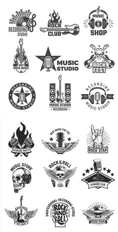 the logos for rock and roll music festival are shown in black and white, as well as