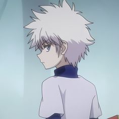 an anime character with white hair and blue eyes looking off to the side in front of a window