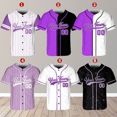 six baseball uniforms with the names of each team and number on them, all in different colors