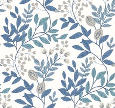 a blue and white floral wallpaper with leaves