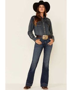 Wrangler Women's Medium Wash Mid Rise Mae Devon Trouser Jean - Country Outfitter Cowgirl Outfit, Riding Jeans, Western Clothing, High Rise Bootcut Jeans, Rodeo Outfits, Awesome Outfits, Slim Trousers, Birthday Happy, Cowgirl Outfits