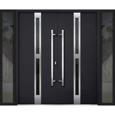 the front view of a modern steel door with glass panels and double doors, on a white background