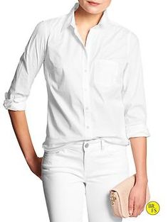 Factory White Dress Shirt White Shirt With Welt Pockets For Spring, Formal Summer Shirt With Pockets, Formal Shirt With Pockets And Relaxed Fit, Spring Workwear Shirt With Welt Pockets, Classic White Blouse With Roll-up Sleeves, Casual White Blouse With Fold Down Collar, White Casual Blouse With Fold Down Collar, Formal Button-up Blouse With Pockets, Casual Office Shirt With Fold-down Collar