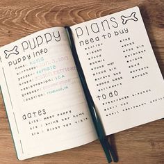 an open notebook with the words puppy plans next to it