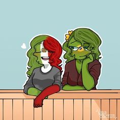 two women sitting next to each other on top of a wooden bench, one with red hair and the other green