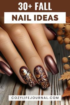 Fall Earthy Nails, Fall Nail Designs Floral, Fall Nails Metallic, Dip Nail Manicure, Autumn Nail Designs Ideas, Gel Nails Fall Colors, Copper Fall Nails, Early Autumn Nails, Fall Nail Dip Ideas