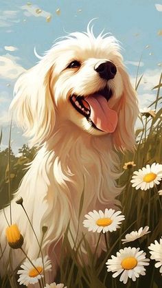 a painting of a white dog in a field of daisies