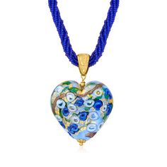 Ross-Simons - Italian Multicolored Murano Heart Pendant Necklace Over Sterling. 18". Show off your love in a beautiful way. From Italy, a 32x32mm Murano glass heart pendant boasts the most beautiful detailing in colors of light blue, royal blue, green and gold and bronze foils. Suspends from a six-strand chain of 1.5-1.6mm blue Murano glass beads. Crafted with textured and polished 18kt yellow gold over sterling silver. Murano glass is unique and will vary. Lobster clasp, multicolored Murano hea Elegant Glass Heart Pendant Necklaces, Multicolor Heart-shaped Glass Necklaces, Lampwork Jewelry, Detailed Necklace, Murano Glass Beads, Heart Shaped Rings, Natural Gold, Beaded Drop Earrings, Jewelry Essentials