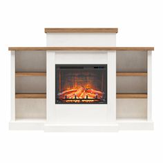 a white fireplace with an open fire in the center and shelves on both sides, against a white background