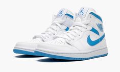 The Air Jordan 1 Mid “UNC” draws inspiration from Michael Jordan’s alma mater for a fresh new look on the mid-top silhouette. The famous University Blue of the University of North Carolina shines bright on this eye-pleasing colorway of the Jordan 1 Mid with the color covering the Swooshes and collar. A white leather base spans the perforated toe, mid-panel and heel. Additional hits of Carolina Blue can be found on the Wings logo on the collar and Jumpman branding on the white nylon tongue tab. J Air Jordan 1 Mid Unc, Jordan 1 Mid Unc, Unc Shoes, Air Jordan 1 Fearless, Vapour Max Nike, White Basketball Shoes, Air Jordan 5 Retro, University Of North Carolina, Alma Mater