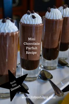 mini chocolate parfait recipe in glasses with spoons on the side and text overlay that reads, mini chocolate parfait recipe