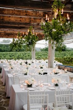 an outdoor venue with tables and chairs set up for a formal function in the vineyard