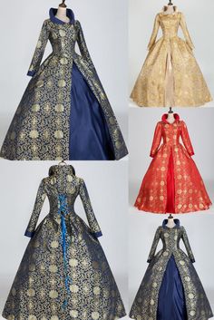 Blue Floral Renaissance Women Vintage Victorian Dress Ball Gown Theater Costume Long Sleeve Festive Dress For Banquet, Long Blue Winter Dress, Royal Blue Long Sleeve Dress For Banquet, Traditional A-line Party Dress, Traditional Winter Festive Dresses, Traditional Festive Winter Dresses, Traditional Long Sleeve Blue Gown, Festive Floor-length Brocade Dresses, Royal Fitted Party Dress