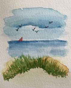 a watercolor painting of a boat on the ocean with birds flying over it and grass in the foreground