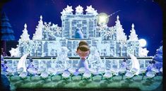 an animated image of a boy standing in front of a snow castle