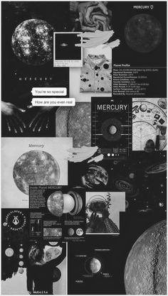 a collage of images with the words mercury written on them in black and white