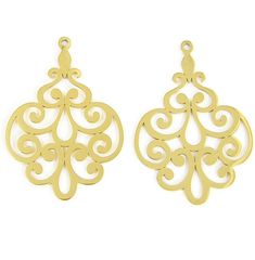 Pair of gold filigree earring dangles in a lacy style. Hole at the top for attaching to an earring wire; hole at the bottom that can be used or left as is.   Measurements: Inches - 1 3/8 inches tall and 1 inch wide  Metric - 35mm tall and 25mm wide Weight of one piece - 1.9 grams Listing is for one pair. Also available in black - https://www.etsy.com/listing/880867507/black-lacy-lace-earring-dangles-charms?ga_search_query=filigree&ref=shop_items_search_1 Gold Filigree Earrings, Earring Wire, One Piece 1, Lace Earrings, Filigree Earrings, Newport News, Gold Filigree, Moroccan Style, Dangle Charms