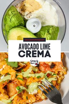 avocado lime crema in a blender with the title overlaying