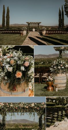 an outdoor ceremony with flowers and greenery on the outside, surrounded by wooden barrels