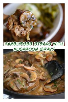 Hamburger steaks in a mushroom onion gravy. Mushroom Hamburger Steak, Hamburger Steaks With Mushroom Gravy, Hamburger Steak Recipes, Steak And Gravy, Hamburger Steak And Gravy, Hamburger Steaks, Hamburger Steak, Mushroom Gravy