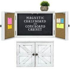 the magnetic chalkboard and cork board cabinet is open