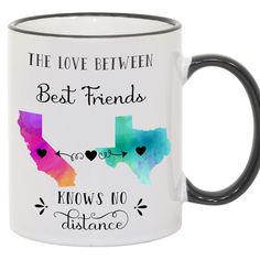 the love between best friends and flows to distance is shown on a white coffee mug