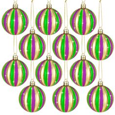 twelve green and purple striped glass ornaments