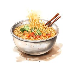 a bowl of noodles with chopsticks in it