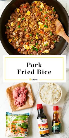 pork fried rice in a skillet with ingredients to make it