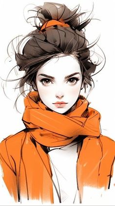 a drawing of a woman wearing an orange scarf